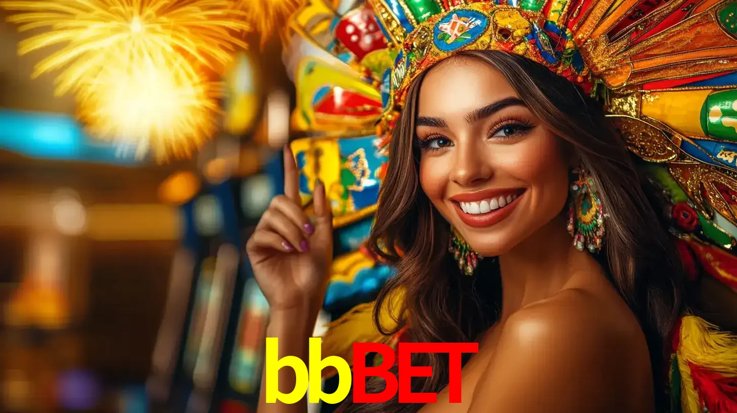 Mulher sorridente com um cocar de carnaval vibrante e colorido, celebrando uma grande vitória nos jogos do cassino bbbet com fogos de artifício ao fundo.