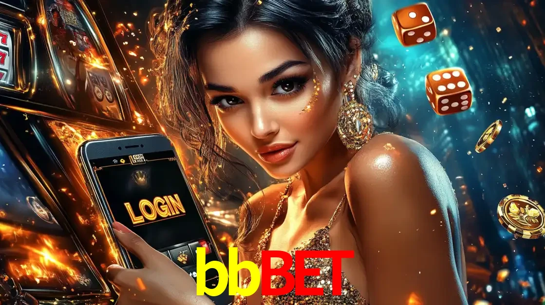 Mulher glamourosa segurando um celular com a tela de login do cassino bbbet, rodeada por dados e moedas douradas, pronta para começar a diversão.