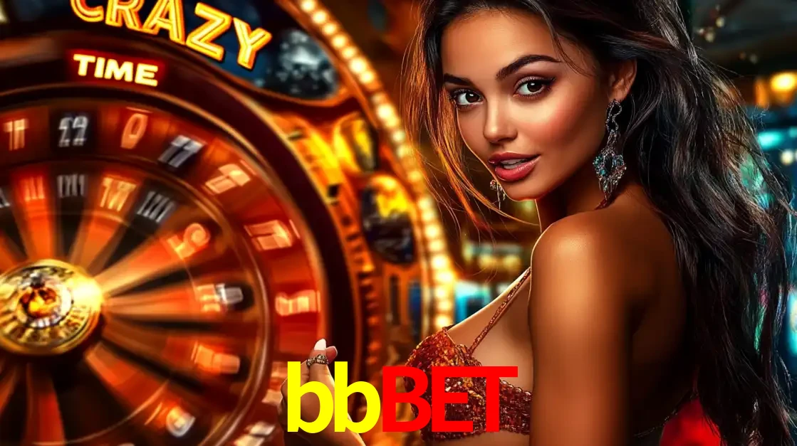 Mulher ao lado da roda de prêmios do jogo de cassino ao vivo Crazy Time, um dos shows de jogos mais emocionantes oferecidos pela plataforma de apostas bbbet.