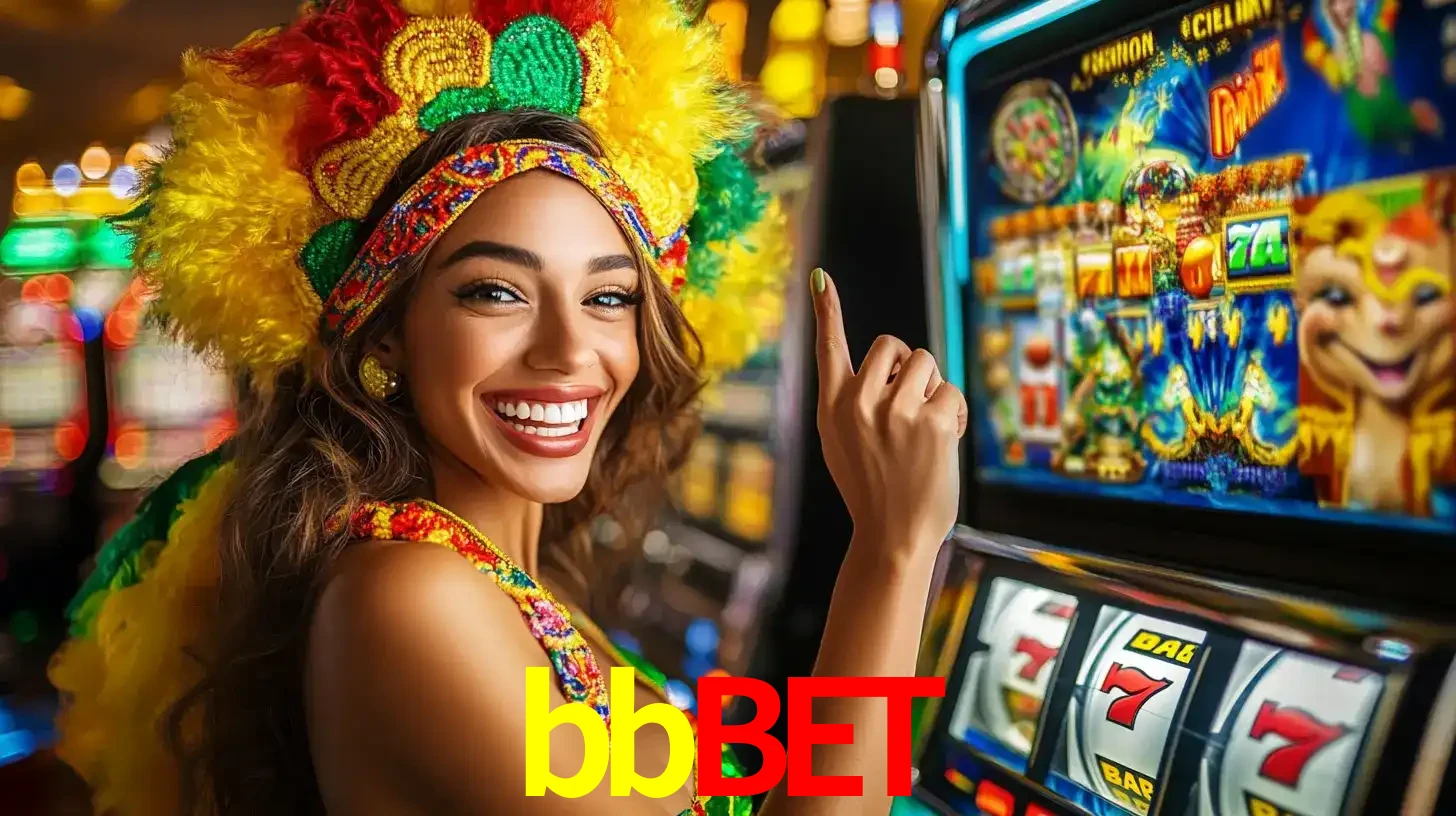 Mulher animada com um cocar de carnaval apontando para uma máquina de caça-níqueis, mostrando a emoção de ganhar um grande prêmio nos jogos do bbbet.