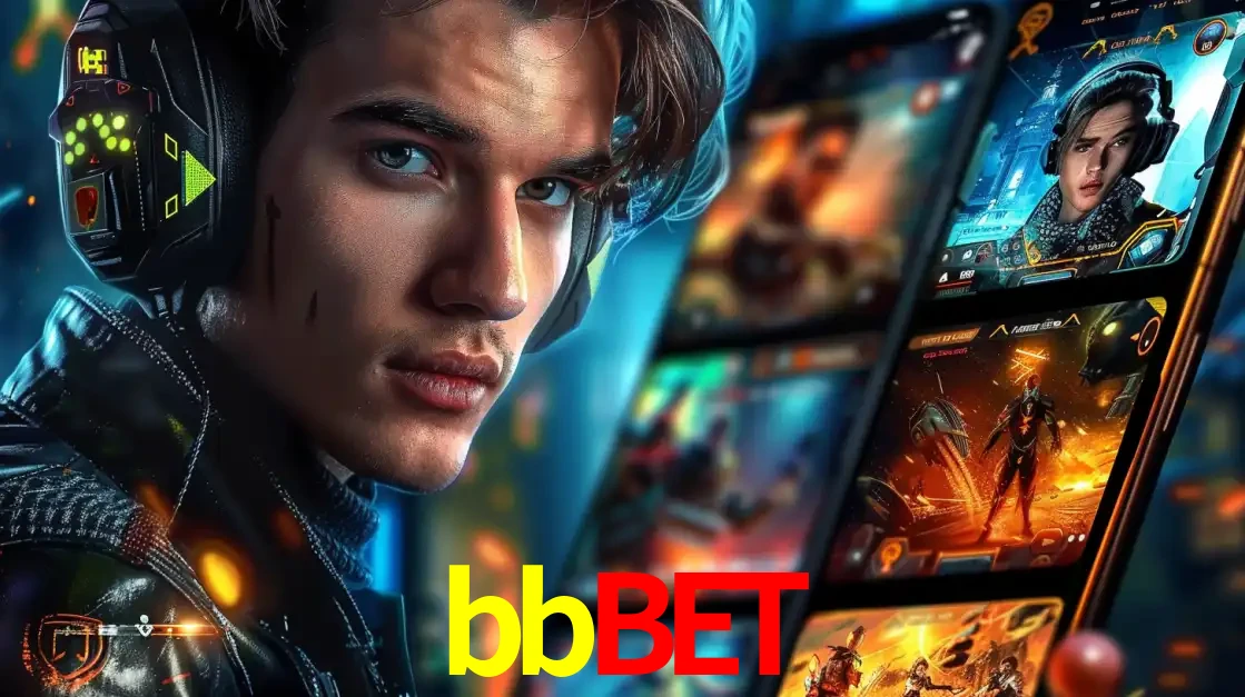 Jovem jogador com fones de ouvido olhando para a câmera, com um aplicativo de jogos e e-sports para celular ao fundo, pronto para a competição e apostas no bbbet.