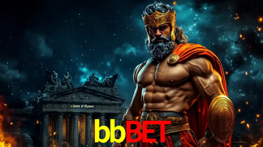 O poderoso Zeus do jogo de slot Gates of Olympus em frente ao seu templo, pronto para lançar multiplicadores divinos e prêmios épicos no cassino online bbbet.