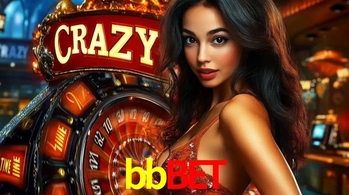 Mulher glamourosa olhando para a câmera com a roda vermelha do Crazy Time ao fundo em um ambiente de cassino, destacando a emoção dos jogos ao vivo no bbbet.