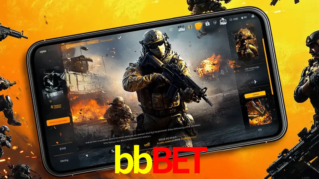 Um smartphone exibindo a interface de um jogo de tiro em primeira pessoa, com um soldado em um cenário de batalha, representando a ação dos e-sports para apostar no bbbet.