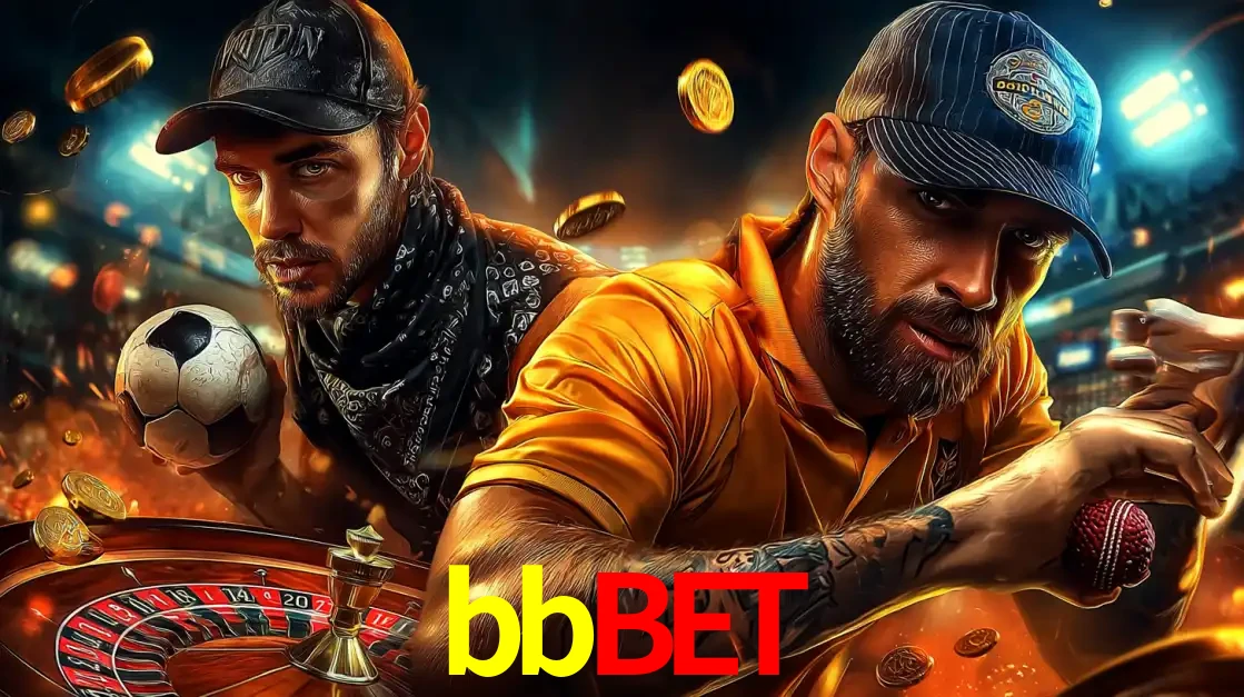 Montagem de apostas esportivas e cassino no bbbet, com um homem segurando uma bola de futebol e outro uma de beisebol sobre uma roleta e moedas voadoras.