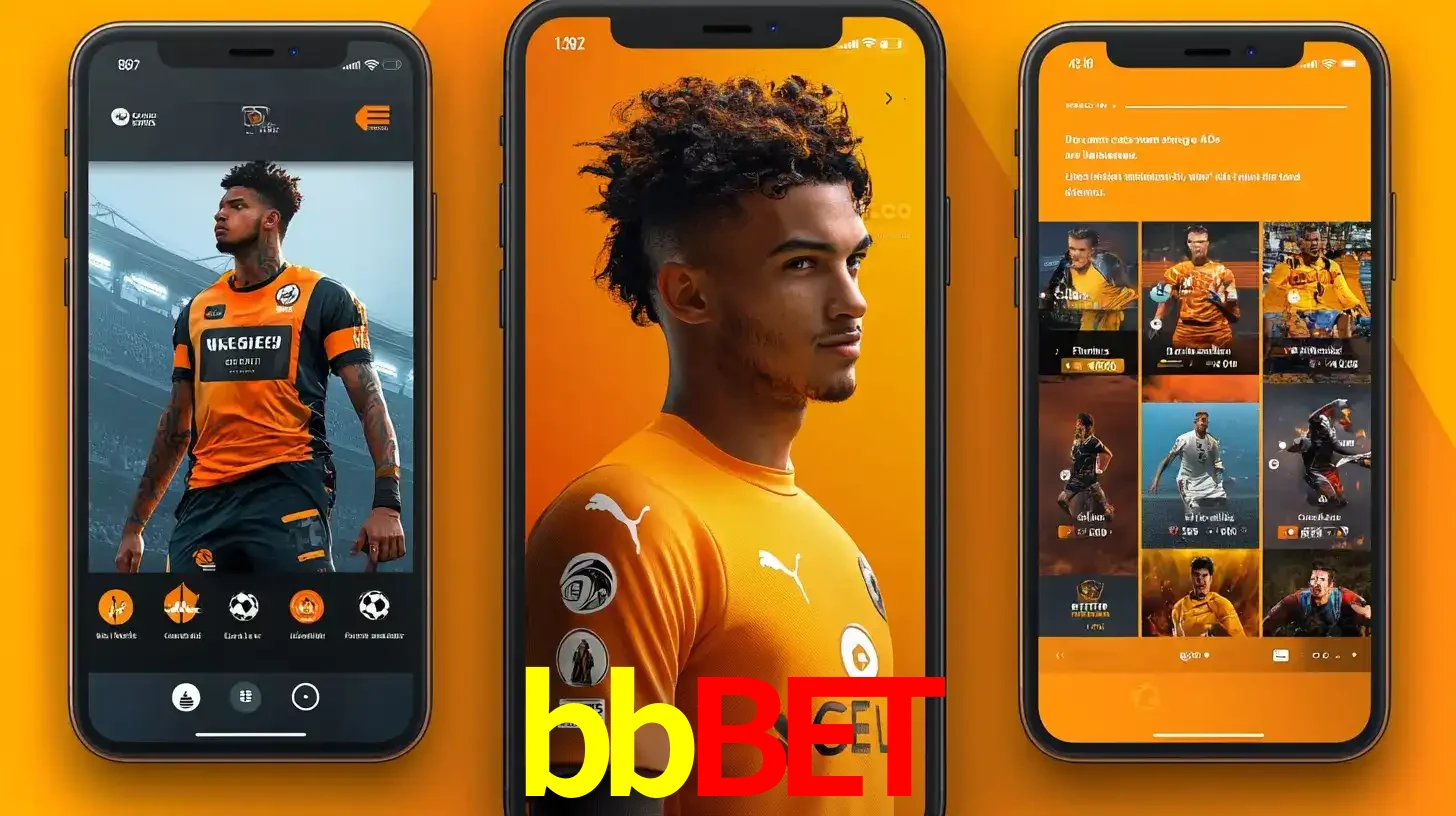 Interface do aplicativo de apostas esportivas bbbet em três telas de celular, mostrando o perfil de um jogador de futebol e a lista de jogos disponíveis para apostar.