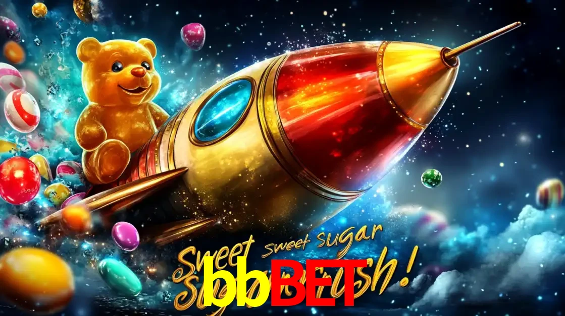 Arte promocional do jogo de slot Sugar Rush, com um urso de pelúcia em um foguete viajando pelo espaço de doces, um dos jogos divertidos disponíveis no cassino bbbet.