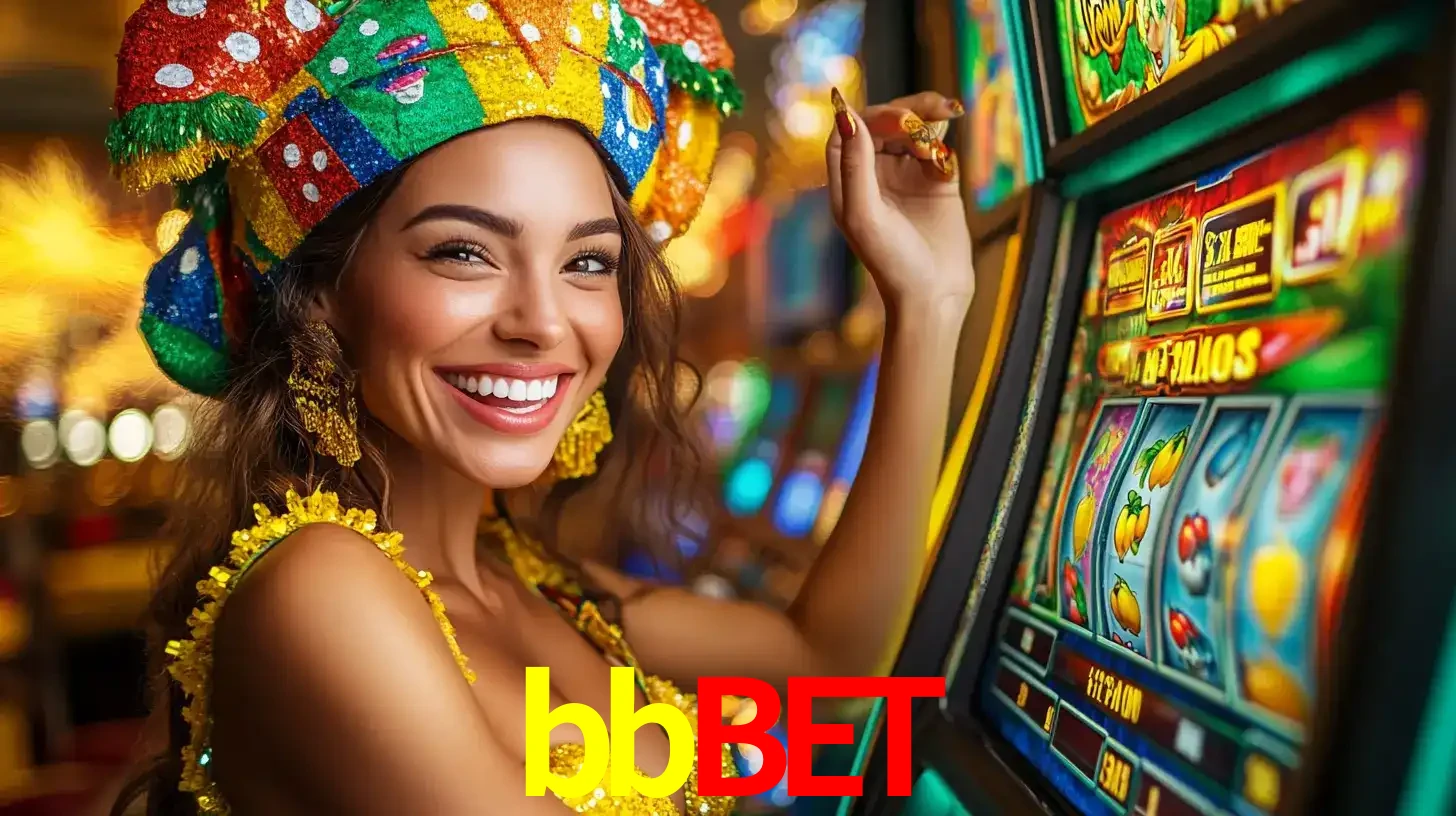 Mulher feliz com traje de carnaval amarelo e colorido ao lado de uma máquina de caça-níqueis, aproveitando a diversão e os jogos temáticos do cassino bbbet.