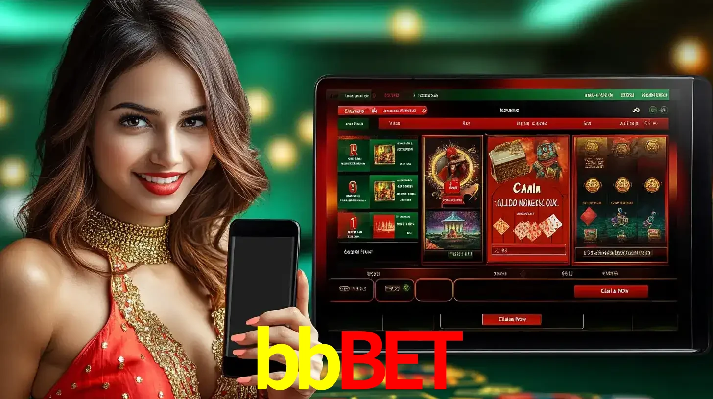 Mulher sorridente segurando um smartphone, ao lado de uma tela exibindo o lobby de jogos do cassino online bbbet, com várias opções de jogos de cartas e slots.